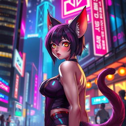 An adult female cat girl with strikingly vivid feline features, including large, expressive cat ears and a long, fluffy tail