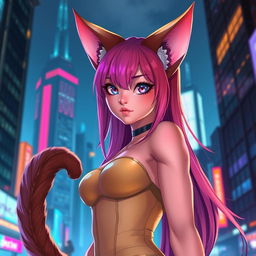 An adult female cat girl with strikingly vivid feline features, including large, expressive cat ears and a long, fluffy tail