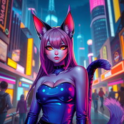 An adult female cat girl with strikingly vivid feline features, including large, expressive cat ears and a long, fluffy tail