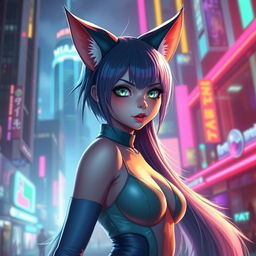 An adult female cat girl with strikingly vivid feline features, including large, expressive cat ears and a long, fluffy tail