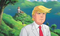 Donald Trump as a Studio Ghibli character, with softer, more empathetic eyes, standing on a hilltop overlooking a lush landscape