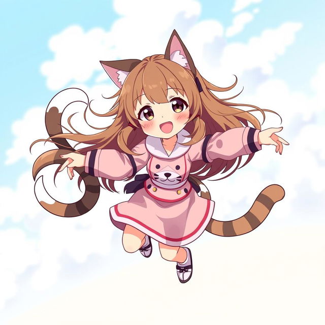 An anime-style illustration of an adult cat girl with two tails spinning around in a joyful circle