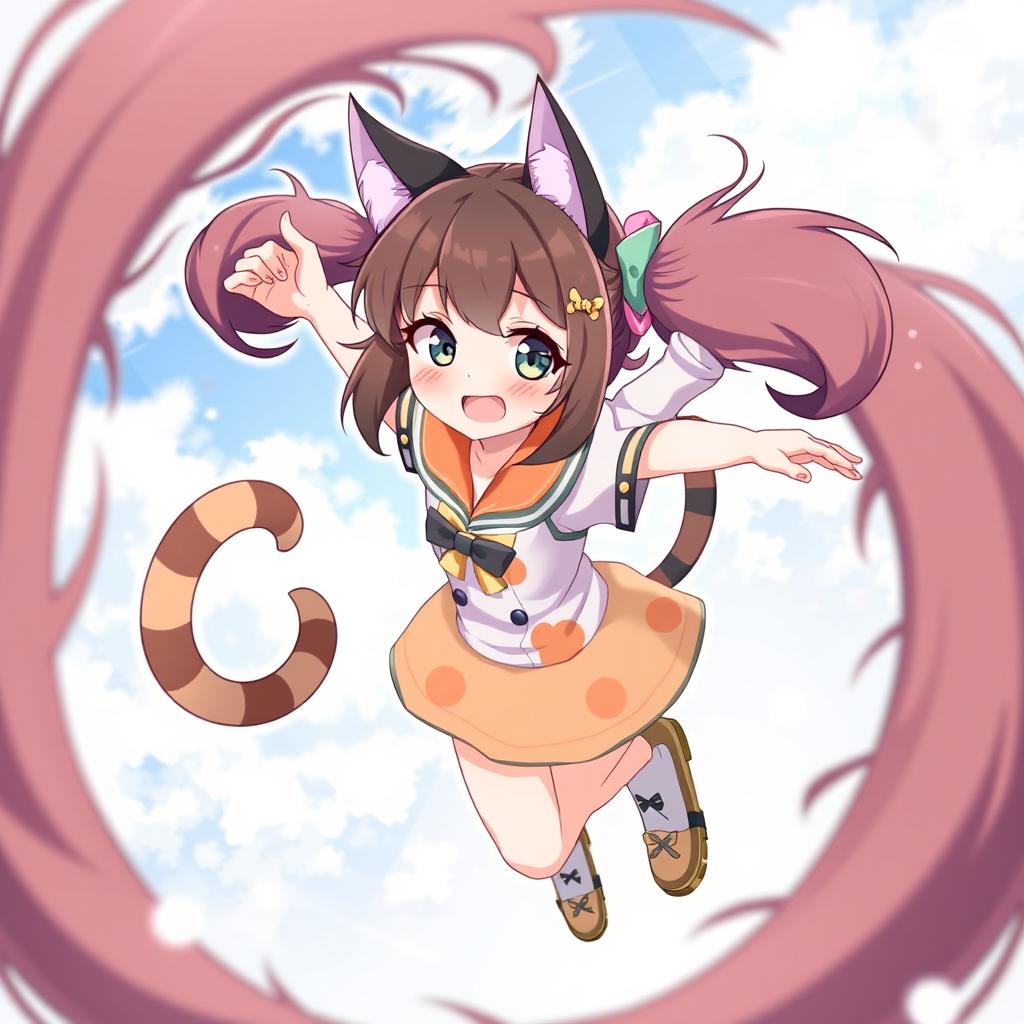 An anime-style illustration of an adult cat girl with two tails spinning around in a joyful circle