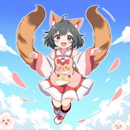 An anime-style illustration of an adult cat girl with two tails spinning around in a joyful circle