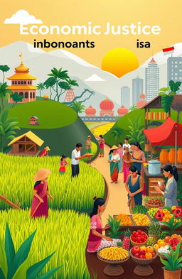 A vibrant and hopeful depiction of economic justice in Indonesia, showcasing a diverse group of people from various backgrounds working together towards a prosperous society