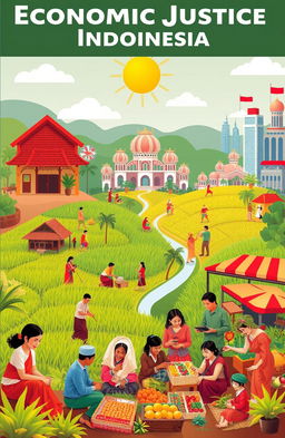 A vibrant and hopeful depiction of economic justice in Indonesia, showcasing a diverse group of people from various backgrounds working together towards a prosperous society