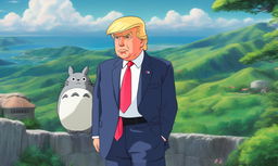 Donald Trump as a Studio Ghibli character, with softer, more empathetic eyes, standing on a hilltop overlooking a lush landscape