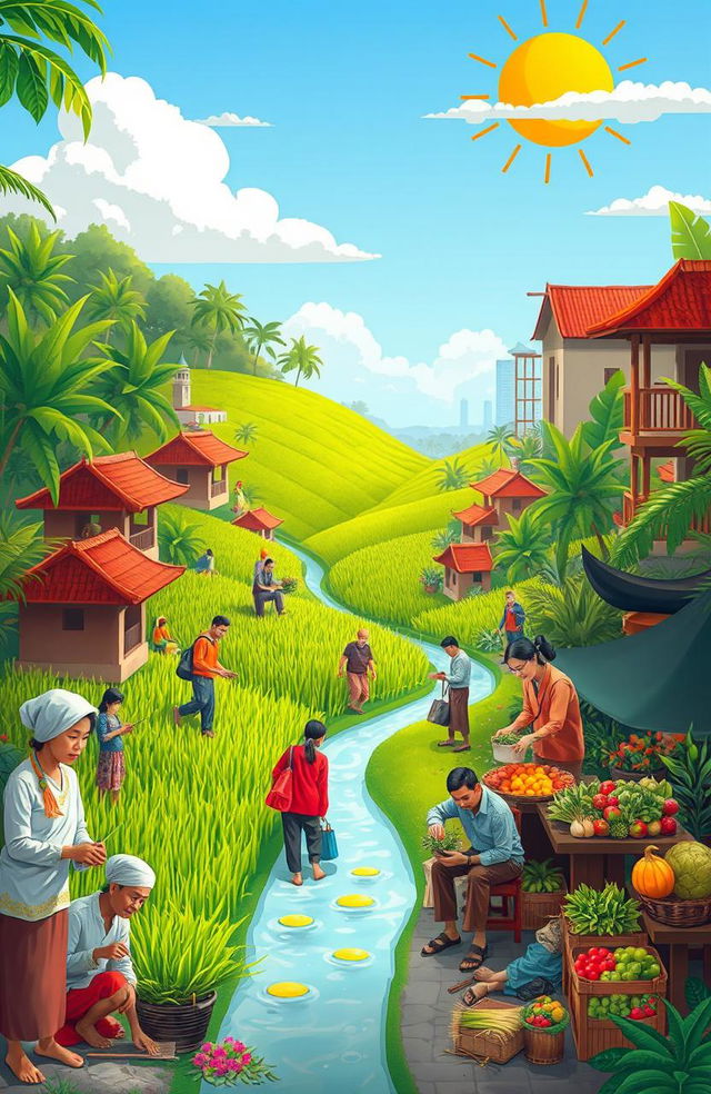 A vibrant and hopeful depiction of economic justice in Indonesia, showcasing a diverse group of people from various backgrounds working together towards a prosperous society