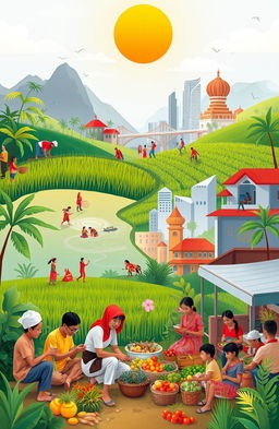 A vibrant and hopeful depiction of economic justice in Indonesia, showcasing a diverse group of people from various backgrounds working together towards a prosperous society