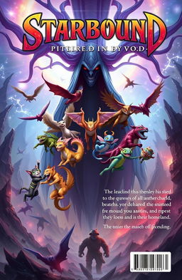A vibrant fantasy book cover for 'Starbound' featuring 13 heroes whose homes were destroyed by the villain Vo!d