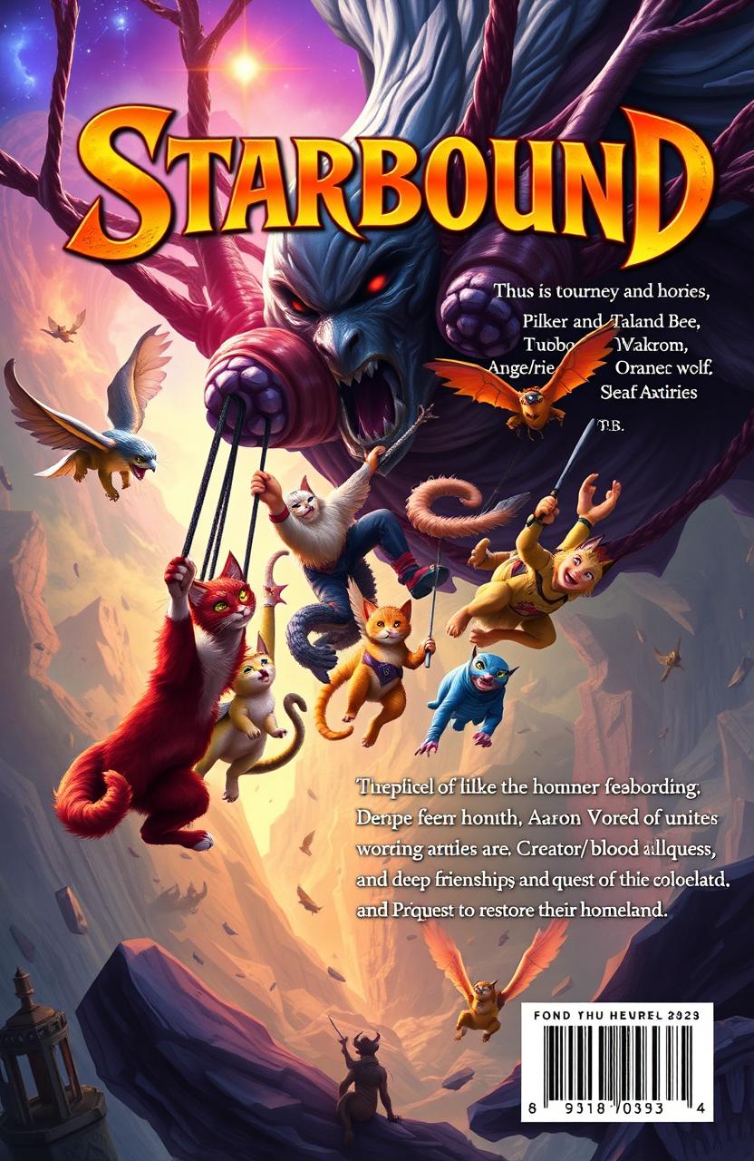 A vibrant fantasy book cover for 'Starbound' featuring 13 heroes whose homes were destroyed by the villain Vo!d