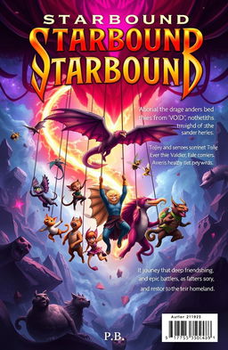 A vibrant fantasy book cover for 'Starbound' featuring 13 heroes whose homes were destroyed by the villain Vo!d