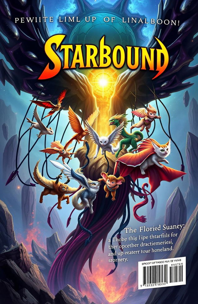 A vibrant fantasy book cover for 'Starbound' featuring 13 heroes whose homes were destroyed by the villain Vo!d