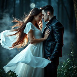 A passionate romance scene between a human and a vampire set in a moonlit forest