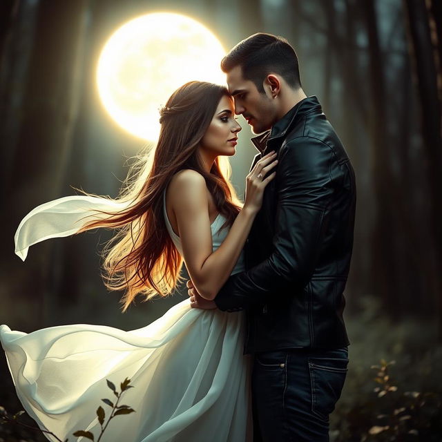 A passionate romance scene between a human and a vampire set in a moonlit forest