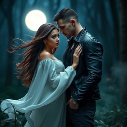 A passionate romance scene between a human and a vampire set in a moonlit forest