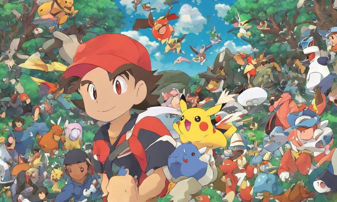 Studio Ghibli-style hand-drawn animation of Pokemon Red game featuring protagonist Red with Pikachu on his shoulder in Pallet Town with various Pokemon scattered around