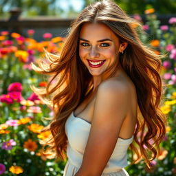 A stunning young woman with an hourglass figure, beautifully defined curves, and long flowing hair