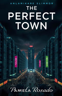 A dystopian cityscape representing a book cover for 'The Perfect Town' by Pamela Rosado