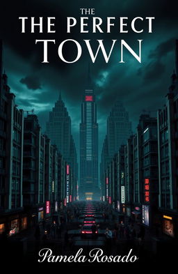 A dystopian cityscape representing a book cover for 'The Perfect Town' by Pamela Rosado