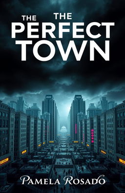 A dystopian cityscape representing a book cover for 'The Perfect Town' by Pamela Rosado