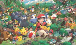 Studio Ghibli-style hand-drawn animation of Pokemon Red game featuring protagonist Red with Pikachu on his shoulder in Pallet Town with various Pokemon scattered around