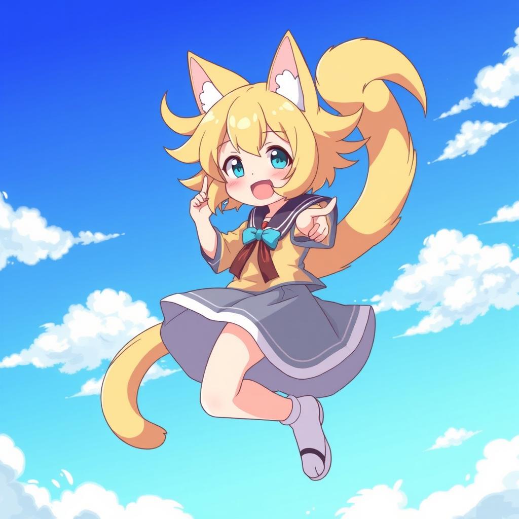 An anime-style illustration of a two-tailed catgirl joyfully spinning around in the blue sky, mimicking the playful movement of a whirlwind