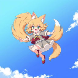 An anime-style illustration of a two-tailed catgirl joyfully spinning around in the blue sky, mimicking the playful movement of a whirlwind