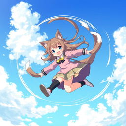 An anime-style illustration of a two-tailed catgirl joyfully spinning around in the blue sky, mimicking the playful movement of a whirlwind