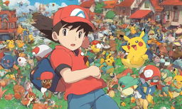 Studio Ghibli-style hand-drawn animation of Pokemon Red game featuring protagonist Red with Pikachu on his shoulder in Pallet Town with various Pokemon scattered around