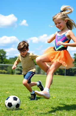 A dynamic scene featuring a boy with brown hair and glasses playing soccer energetically on a vibrant green field, showcasing his athleticism and enthusiasm