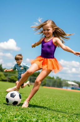 A dynamic scene featuring a boy with brown hair and glasses playing soccer energetically on a vibrant green field, showcasing his athleticism and enthusiasm