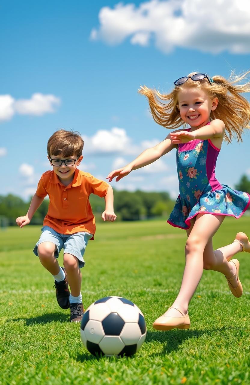 A dynamic scene featuring a boy with brown hair and glasses playing soccer energetically on a vibrant green field, showcasing his athleticism and enthusiasm