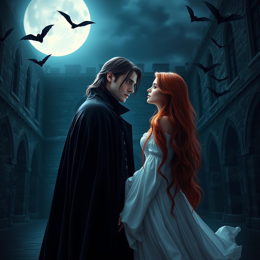 An enchanting and intense vampire romance scene featuring a strikingly handsome vampire with piercing blue eyes and long dark hair, standing under the moonlight in a dark, gothic castle courtyard