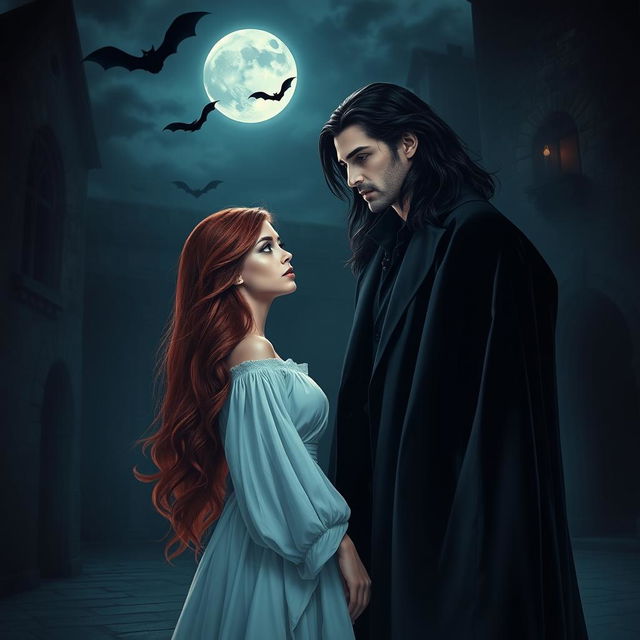 An enchanting and intense vampire romance scene featuring a strikingly handsome vampire with piercing blue eyes and long dark hair, standing under the moonlight in a dark, gothic castle courtyard