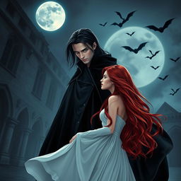 An enchanting and intense vampire romance scene featuring a strikingly handsome vampire with piercing blue eyes and long dark hair, standing under the moonlight in a dark, gothic castle courtyard