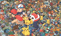 Studio Ghibli-style hand-drawn animation of Pokemon Red game featuring protagonist Red with Pikachu on his shoulder in Pallet Town with various Pokemon scattered around