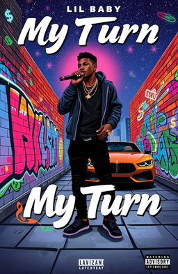 A vibrant album cover design inspired by the album 'My Turn' by Lil Baby