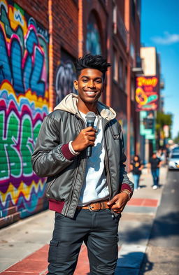 A street scene featuring a vibrant urban backdrop with colorful graffiti on brick walls, reflecting a lively vibe