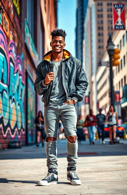 A street scene featuring a vibrant urban backdrop with colorful graffiti on brick walls, reflecting a lively vibe