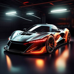 A vividly detailed render of the fastest production car ever made, showcasing its sleek design, aerodynamic shape, and innovative features in a dramatic lighting setting.