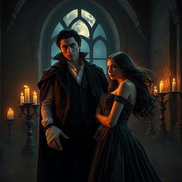 A captivating scene of a vampire romance set in a dimly lit, gothic castle