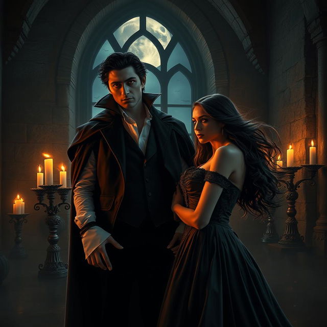 A captivating scene of a vampire romance set in a dimly lit, gothic castle