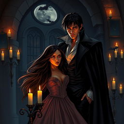 A captivating scene of a vampire romance set in a dimly lit, gothic castle