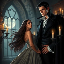 A captivating scene of a vampire romance set in a dimly lit, gothic castle