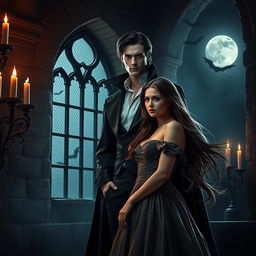 A captivating scene of a vampire romance set in a dimly lit, gothic castle