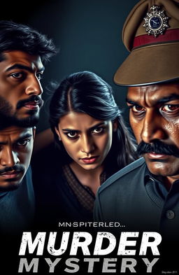 A tense scene depicting a murder mystery setting inspired by an action-thriller poster style