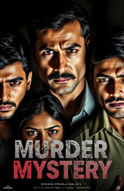 A tense scene depicting a murder mystery setting inspired by an action-thriller poster style