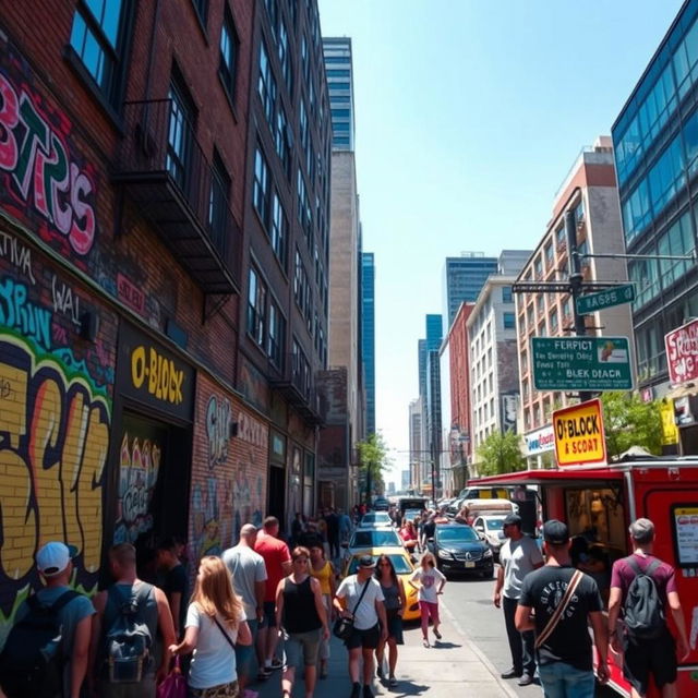 A vibrant city scene representing the vibe of 'O Block', featuring urban street culture, colorful graffiti art on brick walls, bustling crowds of diverse people, and elements of hip-hop influence such as music notes and breakdancers