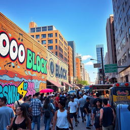 A vibrant city scene representing the vibe of 'O Block', featuring urban street culture, colorful graffiti art on brick walls, bustling crowds of diverse people, and elements of hip-hop influence such as music notes and breakdancers